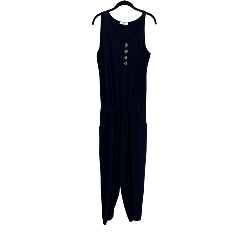 ZENANA Navy Sleeveless Button Front Jumpsuit Size M – Elastic Waist, Pockets